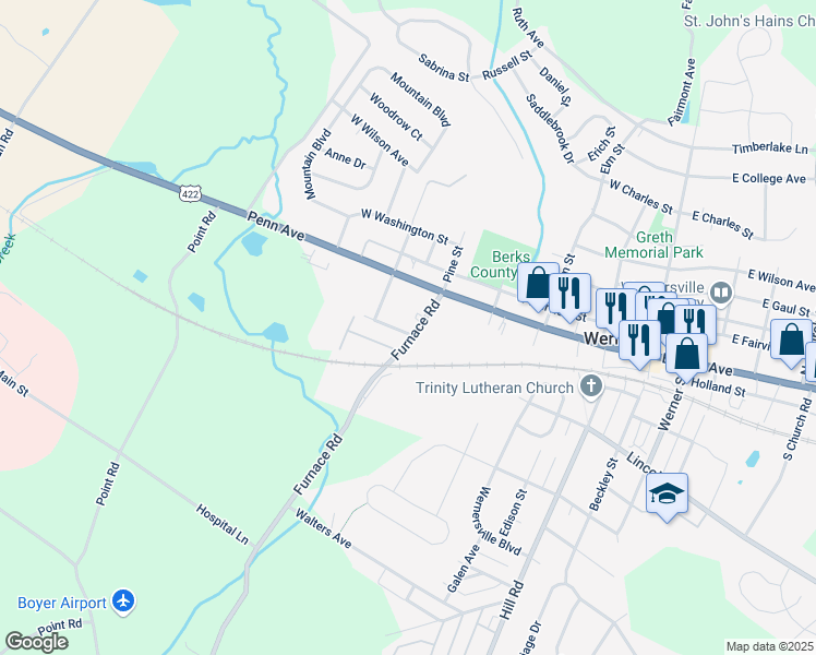 map of restaurants, bars, coffee shops, grocery stores, and more near 104 Furnace Road in Wernersville