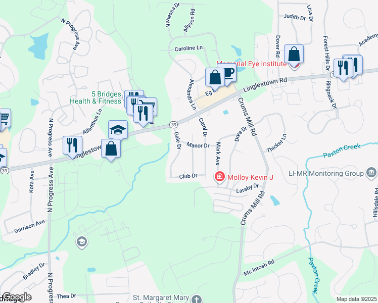 map of restaurants, bars, coffee shops, grocery stores, and more near 2184 Paxton Drive in Harrisburg