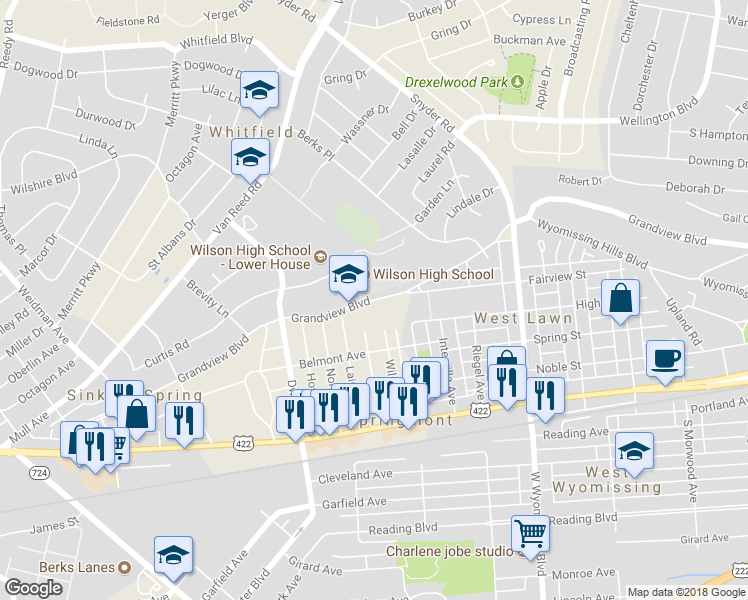 map of restaurants, bars, coffee shops, grocery stores, and more near 2610 Grandview Boulevard in Reading