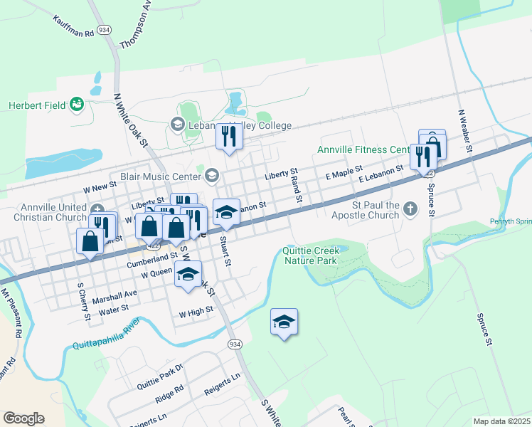 map of restaurants, bars, coffee shops, grocery stores, and more near 327 East Main Street in Annville