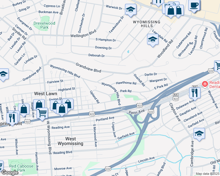map of restaurants, bars, coffee shops, grocery stores, and more near 24 Wyomissing Hills Boulevard in Reading