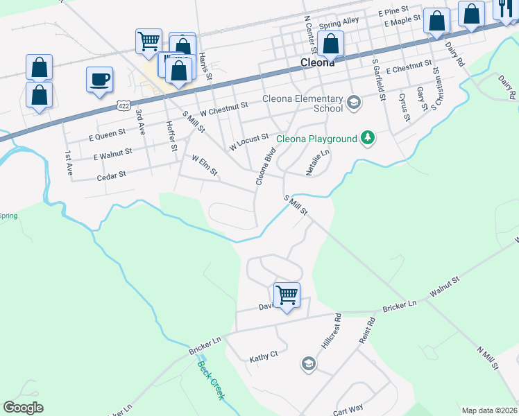 map of restaurants, bars, coffee shops, grocery stores, and more near 504 Cleona Boulevard in Cleona