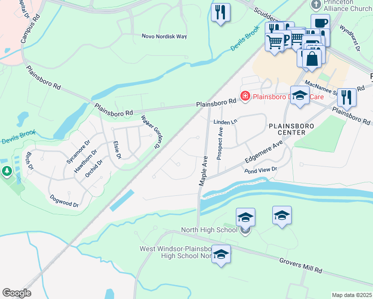 map of restaurants, bars, coffee shops, grocery stores, and more near 8 Ruedeman Drive in Plainsboro Township