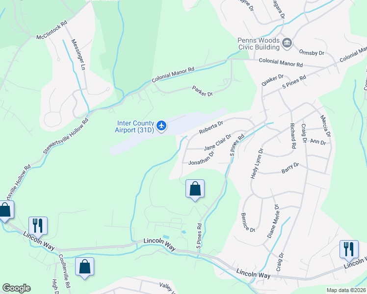 map of restaurants, bars, coffee shops, grocery stores, and more near 14403 Roberta Drive in Irwin