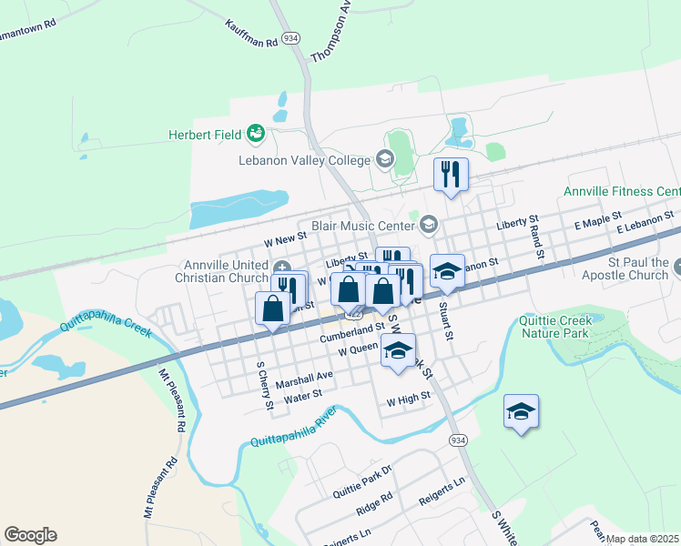 map of restaurants, bars, coffee shops, grocery stores, and more near 105 North Lancaster Street in Annville