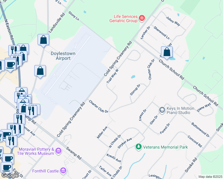 map of restaurants, bars, coffee shops, grocery stores, and more near 3900 Colts Court in Doylestown