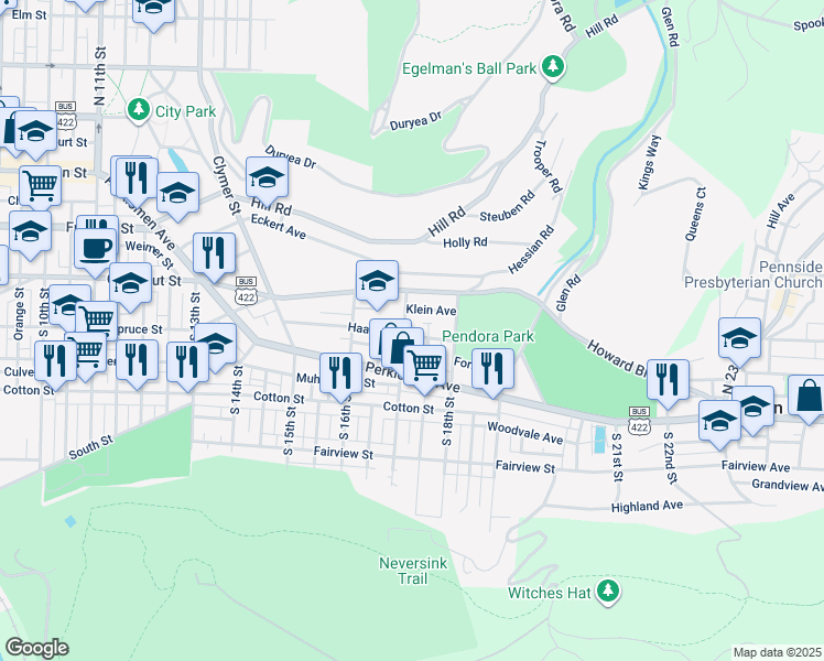 map of restaurants, bars, coffee shops, grocery stores, and more near 267 South 17th Street in Reading