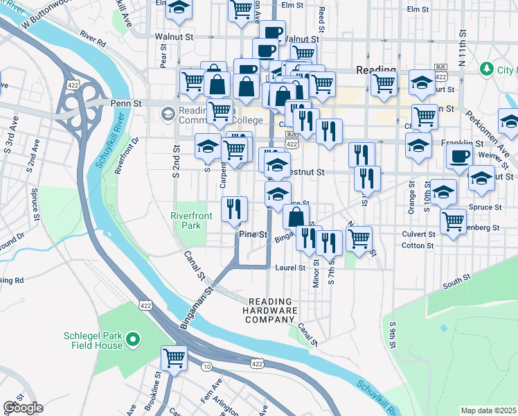 map of restaurants, bars, coffee shops, grocery stores, and more near 434 Spruce St in Reading