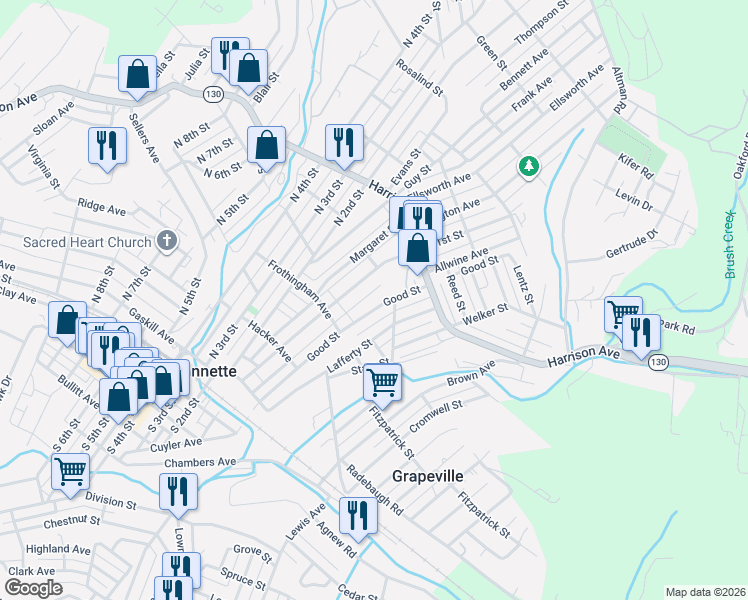 map of restaurants, bars, coffee shops, grocery stores, and more near 327 Good St in Jeannette