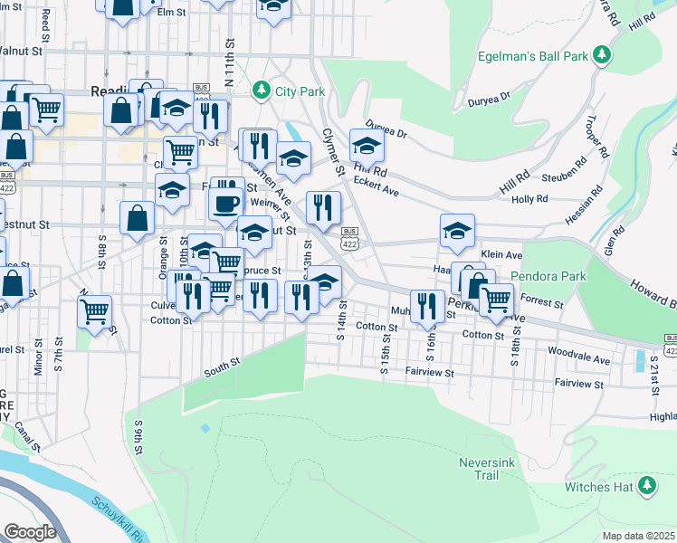 map of restaurants, bars, coffee shops, grocery stores, and more near 1366 Perkiomen Avenue in Reading