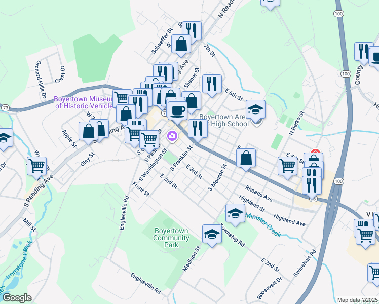 map of restaurants, bars, coffee shops, grocery stores, and more near 24 South Franklin Street in Boyertown