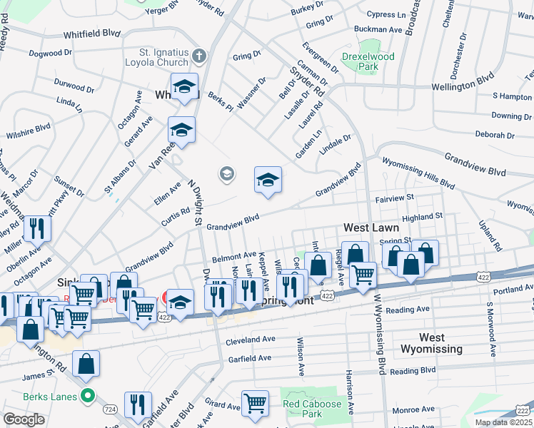 map of restaurants, bars, coffee shops, grocery stores, and more near 2601 Grandview Boulevard in Reading