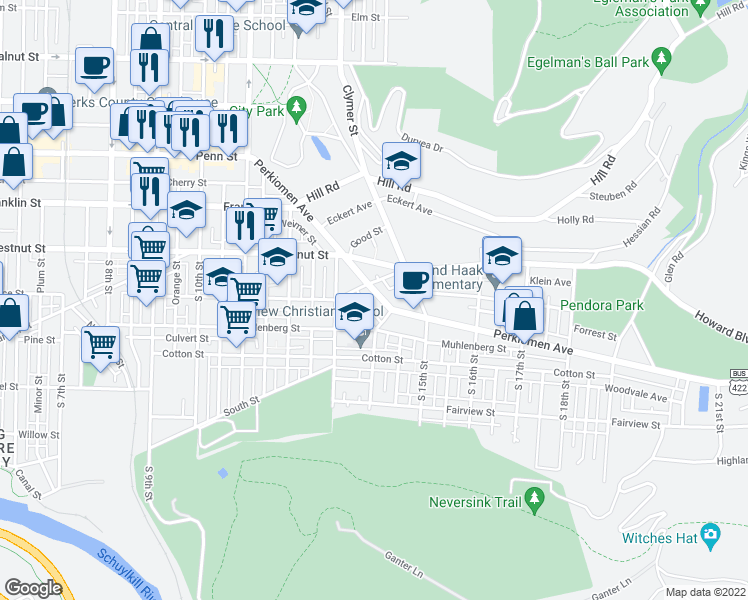 map of restaurants, bars, coffee shops, grocery stores, and more near 1370 Perkiomen Avenue in Reading