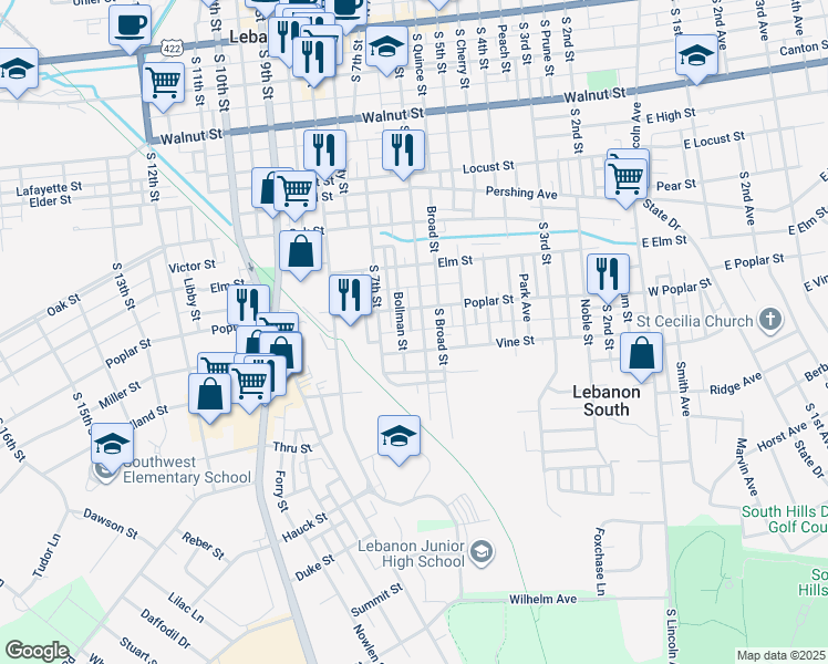 map of restaurants, bars, coffee shops, grocery stores, and more near 621 Perry Alley in Lebanon