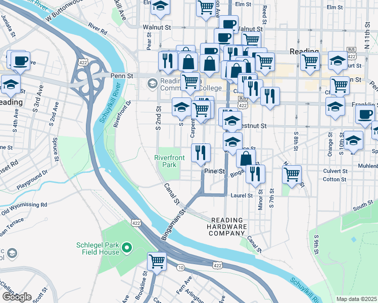 map of restaurants, bars, coffee shops, grocery stores, and more near 301 South 3rd Street in Reading