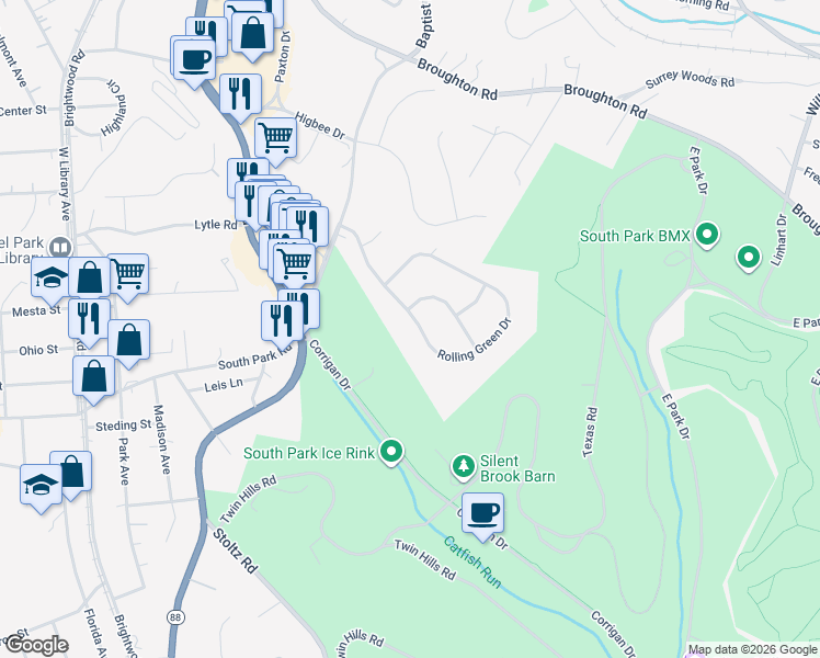 map of restaurants, bars, coffee shops, grocery stores, and more near 582 Rolling Green Drive in Bethel Park