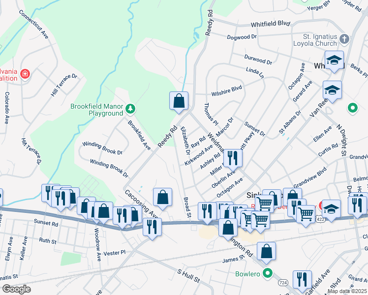 map of restaurants, bars, coffee shops, grocery stores, and more near 308 Elizabeth Dr in Sinking Spring