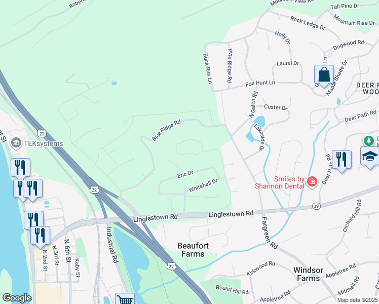 map of restaurants, bars, coffee shops, grocery stores, and more near 4540 Laurell Wood Drive in Harrisburg