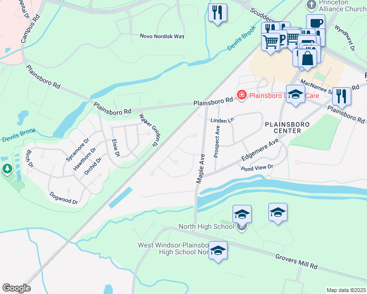map of restaurants, bars, coffee shops, grocery stores, and more near 8 Ruedeman Drive in Plainsboro Township