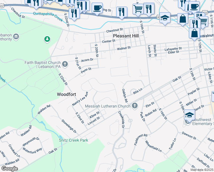 map of restaurants, bars, coffee shops, grocery stores, and more near 34 Creekside Drive in Lebanon