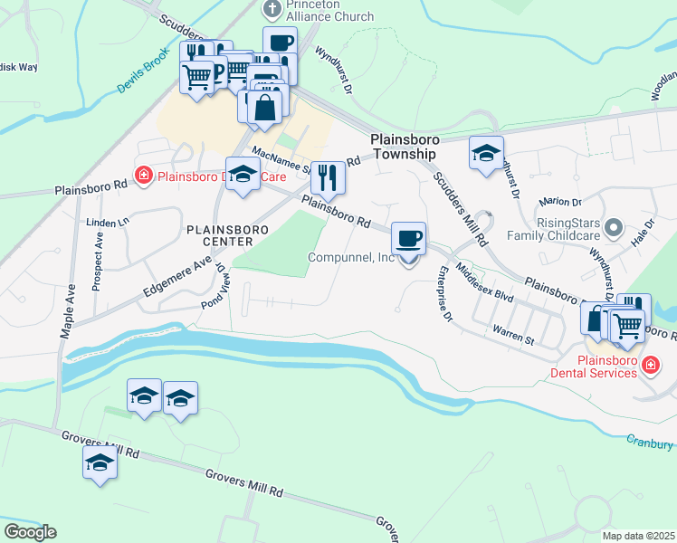 map of restaurants, bars, coffee shops, grocery stores, and more near 4810 Fox Run Dr in Plainsboro Township