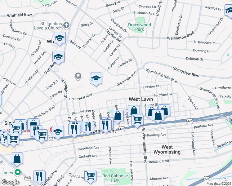 map of restaurants, bars, coffee shops, grocery stores, and more near 2418 Fairview Street in West Lawn