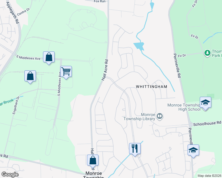 map of restaurants, bars, coffee shops, grocery stores, and more near 134 Chichester Road in Monroe Township
