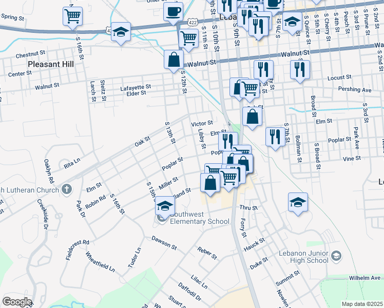map of restaurants, bars, coffee shops, grocery stores, and more near 535 South 12th Street in Lebanon