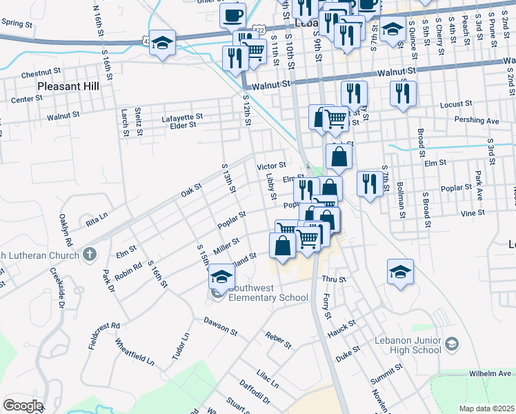 map of restaurants, bars, coffee shops, grocery stores, and more near 535 South 12th Street in Lebanon