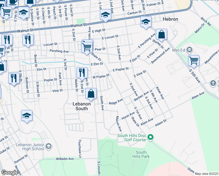 map of restaurants, bars, coffee shops, grocery stores, and more near 624 Renova Avenue in Lebanon