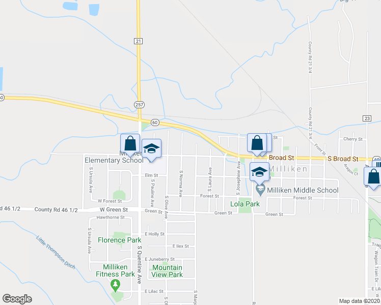 map of restaurants, bars, coffee shops, grocery stores, and more near 415 Broad Street in Milliken