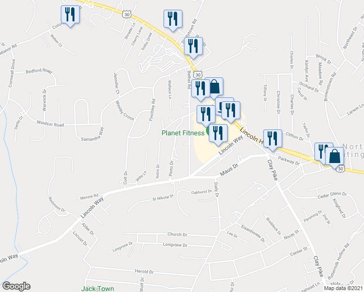 map of restaurants, bars, coffee shops, grocery stores, and more near 340 Bethel Road in Irwin