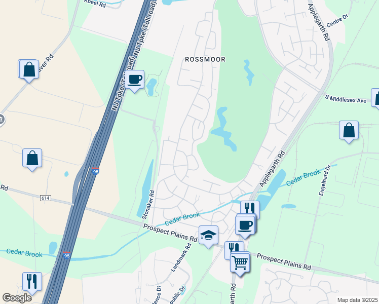 map of restaurants, bars, coffee shops, grocery stores, and more near 562B Springfield Way in Monroe Township