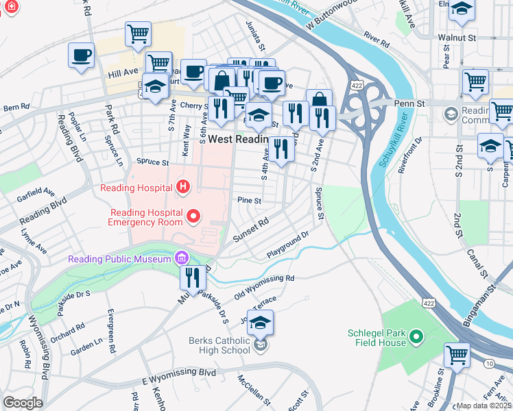 map of restaurants, bars, coffee shops, grocery stores, and more near 406 Pine Street in Reading