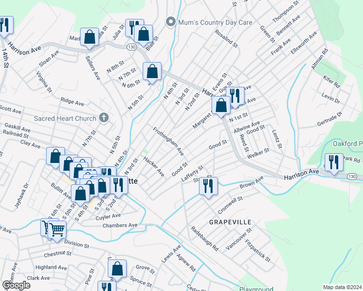 map of restaurants, bars, coffee shops, grocery stores, and more near 309 North 1st Street in Jeannette