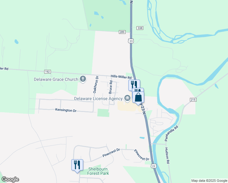 map of restaurants, bars, coffee shops, grocery stores, and more near 2224 Bruce Road in Delaware