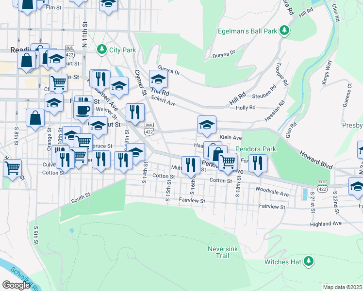map of restaurants, bars, coffee shops, grocery stores, and more near 1534 Haak Street in Reading