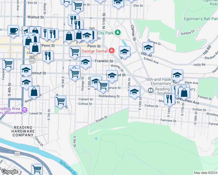map of restaurants, bars, coffee shops, grocery stores, and more near 315 Wunder Street in Reading