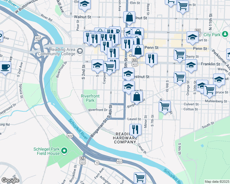 map of restaurants, bars, coffee shops, grocery stores, and more near 412 Spruce Street in Reading