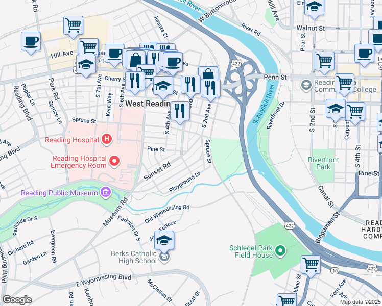map of restaurants, bars, coffee shops, grocery stores, and more near 212 Sycamore Road in West Reading