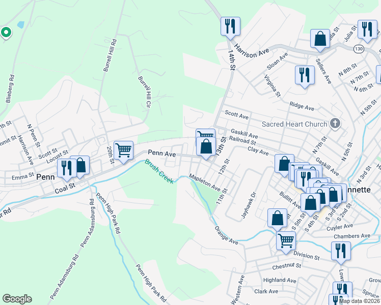 map of restaurants, bars, coffee shops, grocery stores, and more near 1501 Penn Ave in Jeannette