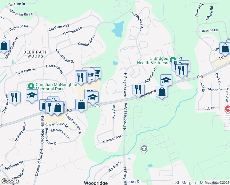 map of restaurants, bars, coffee shops, grocery stores, and more near 4498 Pheasant Hill Road in Harrisburg