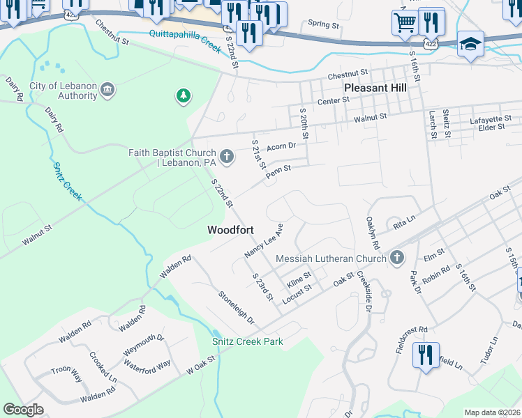 map of restaurants, bars, coffee shops, grocery stores, and more near 73 Creekside Drive in Lebanon