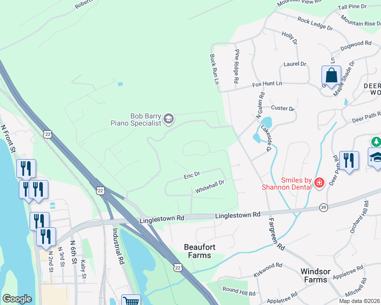 map of restaurants, bars, coffee shops, grocery stores, and more near 4540 Laurell Wood Drive in Harrisburg