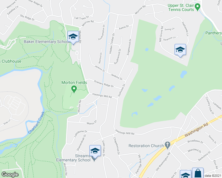 map of restaurants, bars, coffee shops, grocery stores, and more near 1530 Scenery Ridge Drive in Pittsburgh