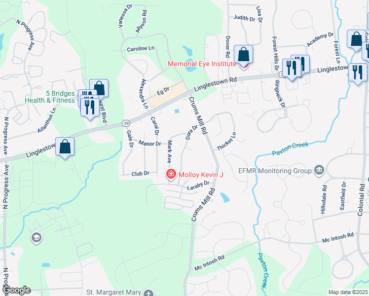 map of restaurants, bars, coffee shops, grocery stores, and more near 3898 Dora Drive in Harrisburg