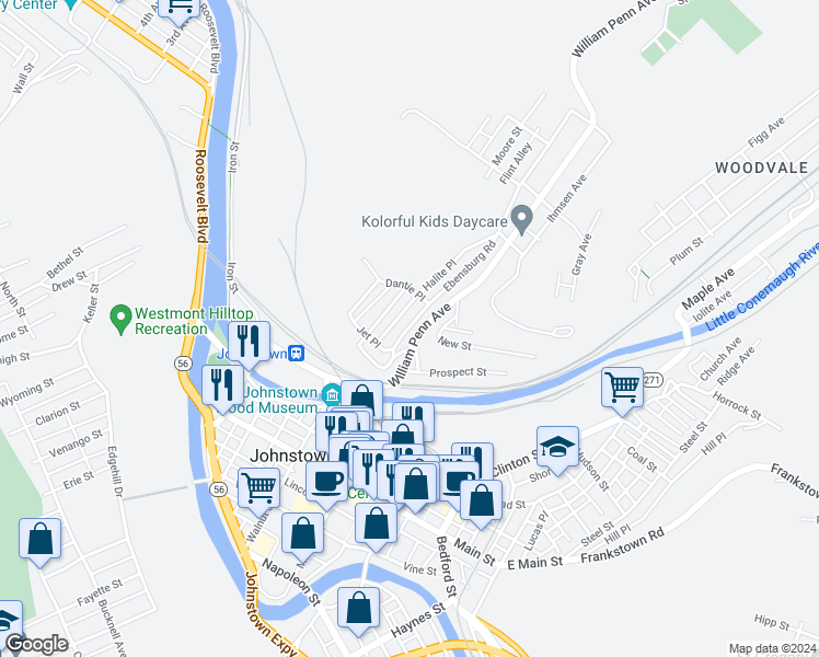 map of restaurants, bars, coffee shops, grocery stores, and more near Ebensburg Road in Johnstown