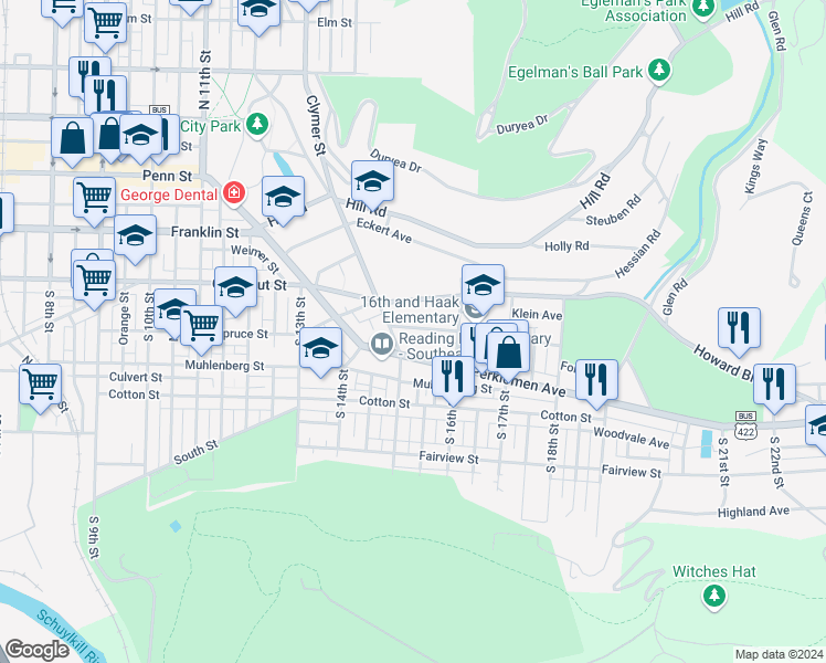 map of restaurants, bars, coffee shops, grocery stores, and more near 1518 Haak Street in Reading