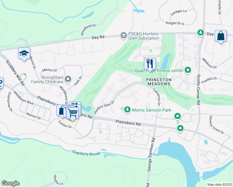 map of restaurants, bars, coffee shops, grocery stores, and more near 4201 Hunters Glen Drive in Princeton Meadows