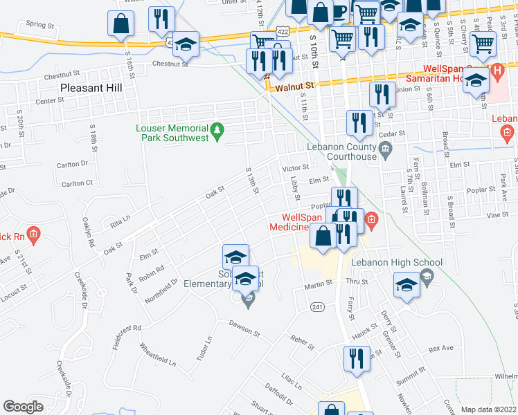 map of restaurants, bars, coffee shops, grocery stores, and more near 525 South 13th Street in Lebanon